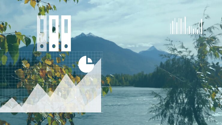 Transparent chart overlays being animated over lakeside mountain forest view in flat design style