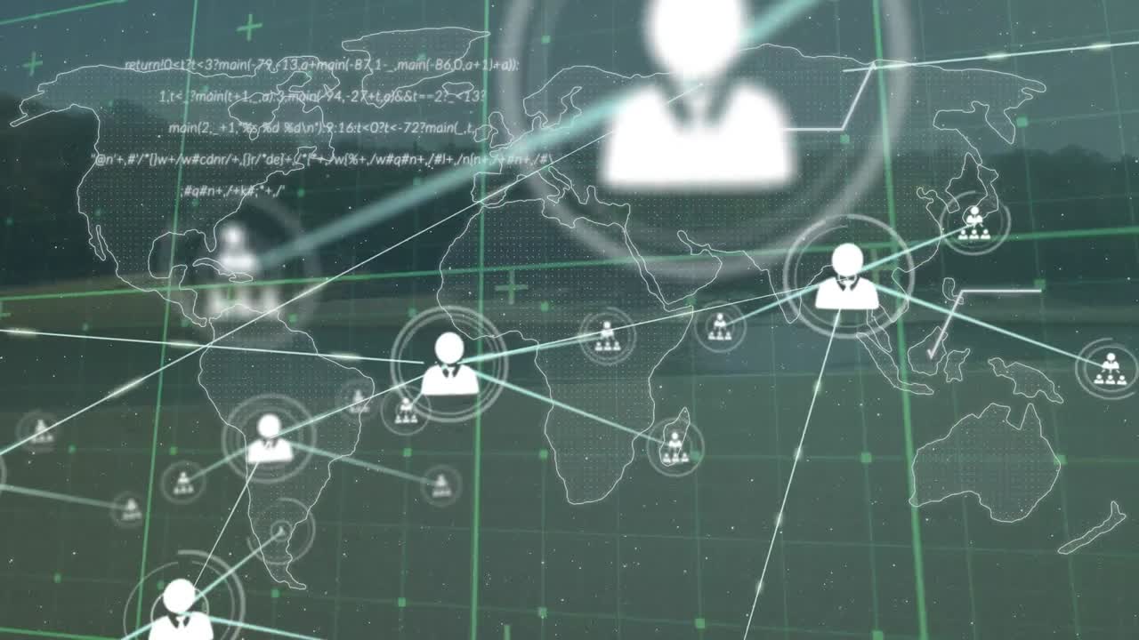 프로파일 아이콘 네트워크의 애니메이션과 전 세계 지도와 풍경에 대한 데이터 처리