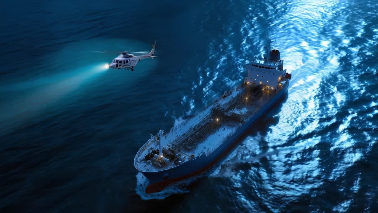 Veduta aerea notturna di una grande nave cisterna che si muove attraverso acque scure e riflettenti. Un elicottero con luci accese vola nelle vicinanze, proiettando un fascio di luce nel mare. La scena trasmette urgenza.
