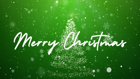 merry christmas: green background with snowflakes and a sparkling christmas tree