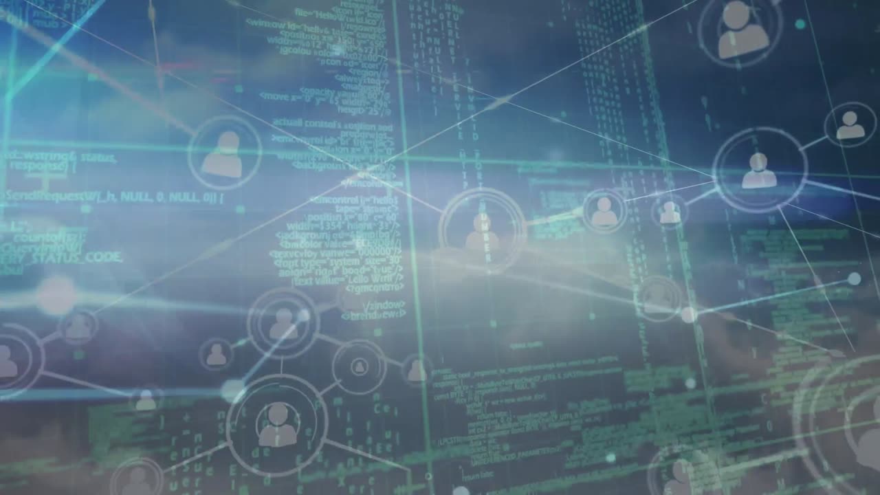 Animation of network of connections with people icons over data processing