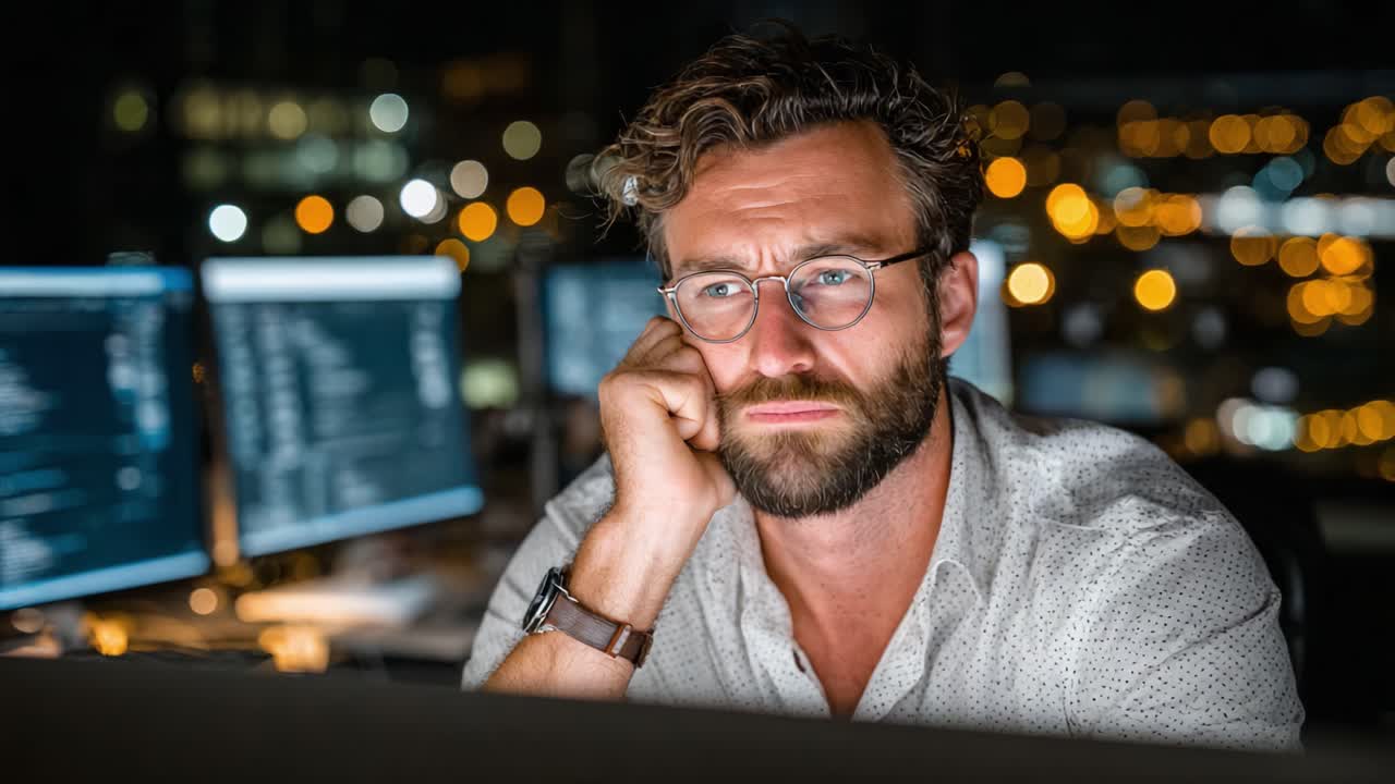 Focused Programmer Working Late at Night, Surrounded by Computer Screens and Dimming Lights, Showcasing Dedication and Intense Concentration on a Challenging Task