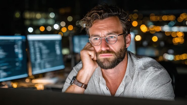 Konzentrierter Programmierer, der spät in der Nacht arbeitet, umgeben von Computerbildschirmen und schwachem Licht, was Hingabe und intensive Konzentration auf eine schwierige Aufgabe zeigt