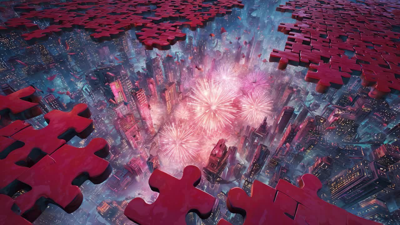 Red jigsaw puzzle pieces coming together to reveal a futuristic city at night, illuminated by a dazzling fireworks display, symbolizing celebration, achievement, and successful completion