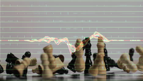 chess pieces on board with financial data processing animation over them