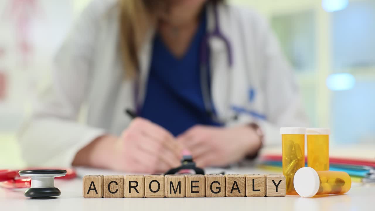 Blocchi di parole Acromegalia e medico che scrive appunti medici.