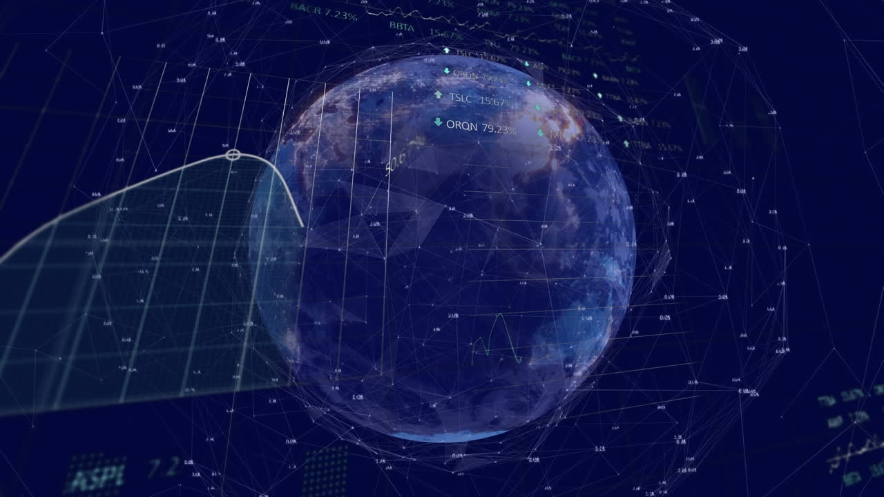 Animation of statistical, stock market data processing, network of connections over spinning globe