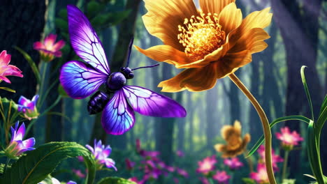 a magical butterfly and glowing flower in an enchanted forest