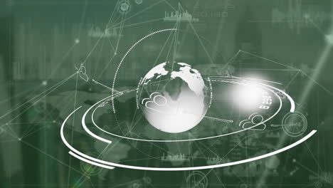 Animation of globe with network of connections over data processing on green background