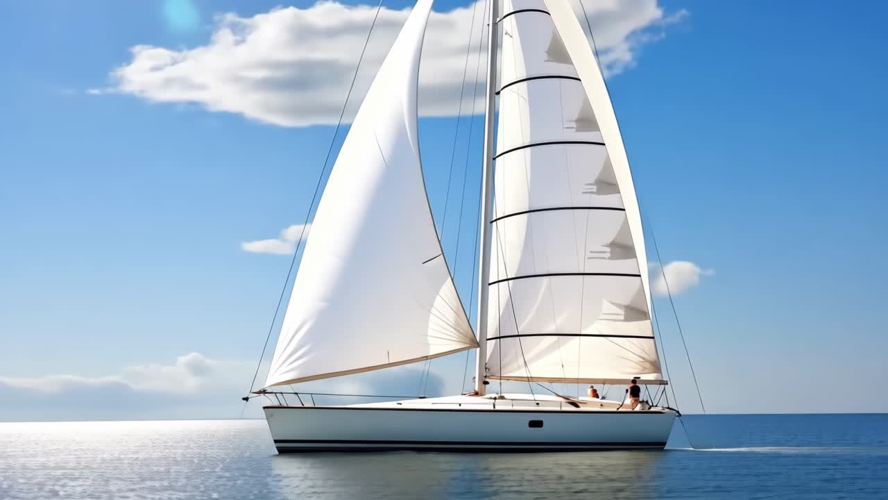 A serene video of a sailboat on calm waters under a clear blue sky