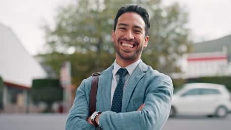 Arms-crossed,-smile-and-business-man-in-city