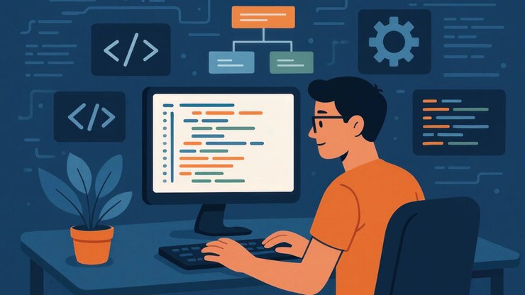 Young Programmer Coding on Computer in Modern Workspace