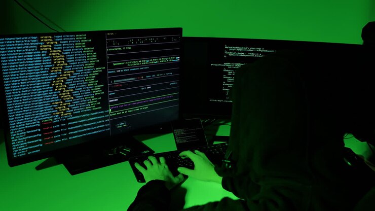 Un telefono pieghevole e doppi schermi mostrano codice hacker mentre la fotocamera esegue lentamente lo zoom in