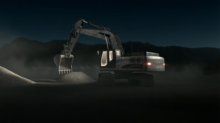 Escavatore che lavora di notte in un cantiere edile