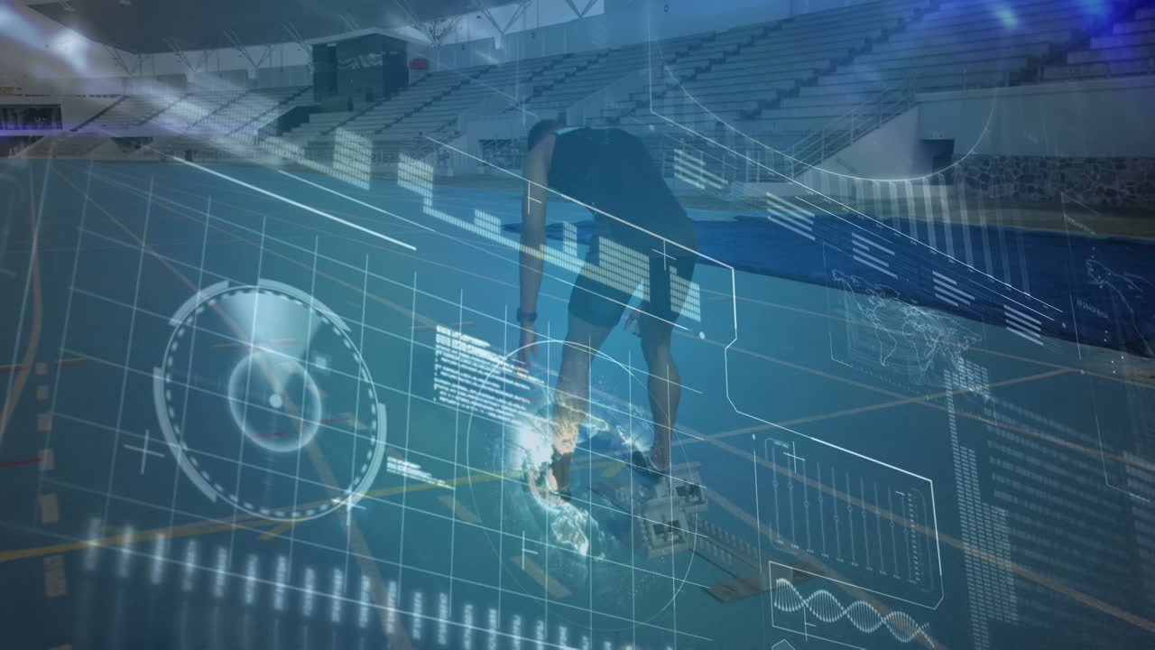 스포츠 필드에서 출발 위치에 있는 남성 운동 선수에 대한 데이터 처리 인터페이스의 애니메이션