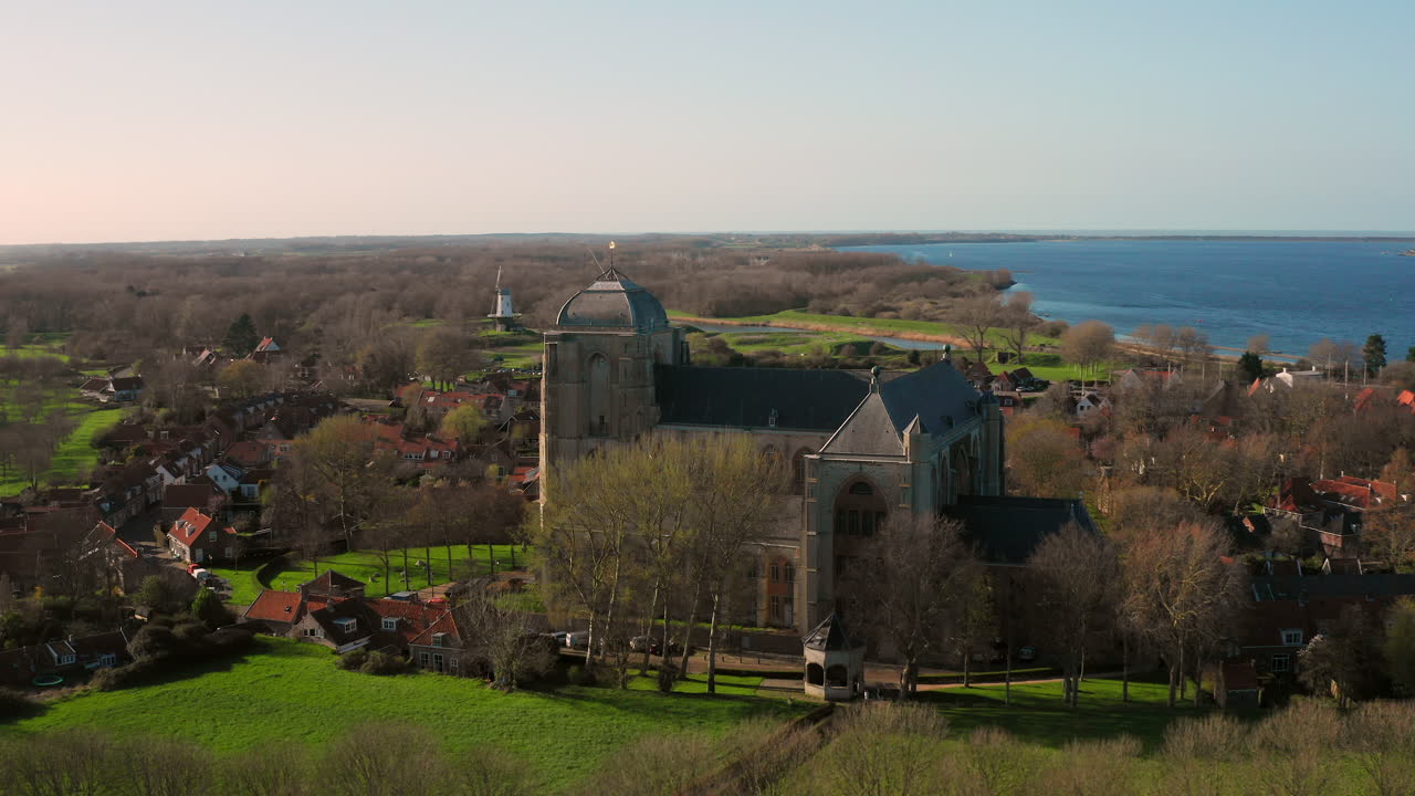 Aerial View of Church, Town, and Waterfront