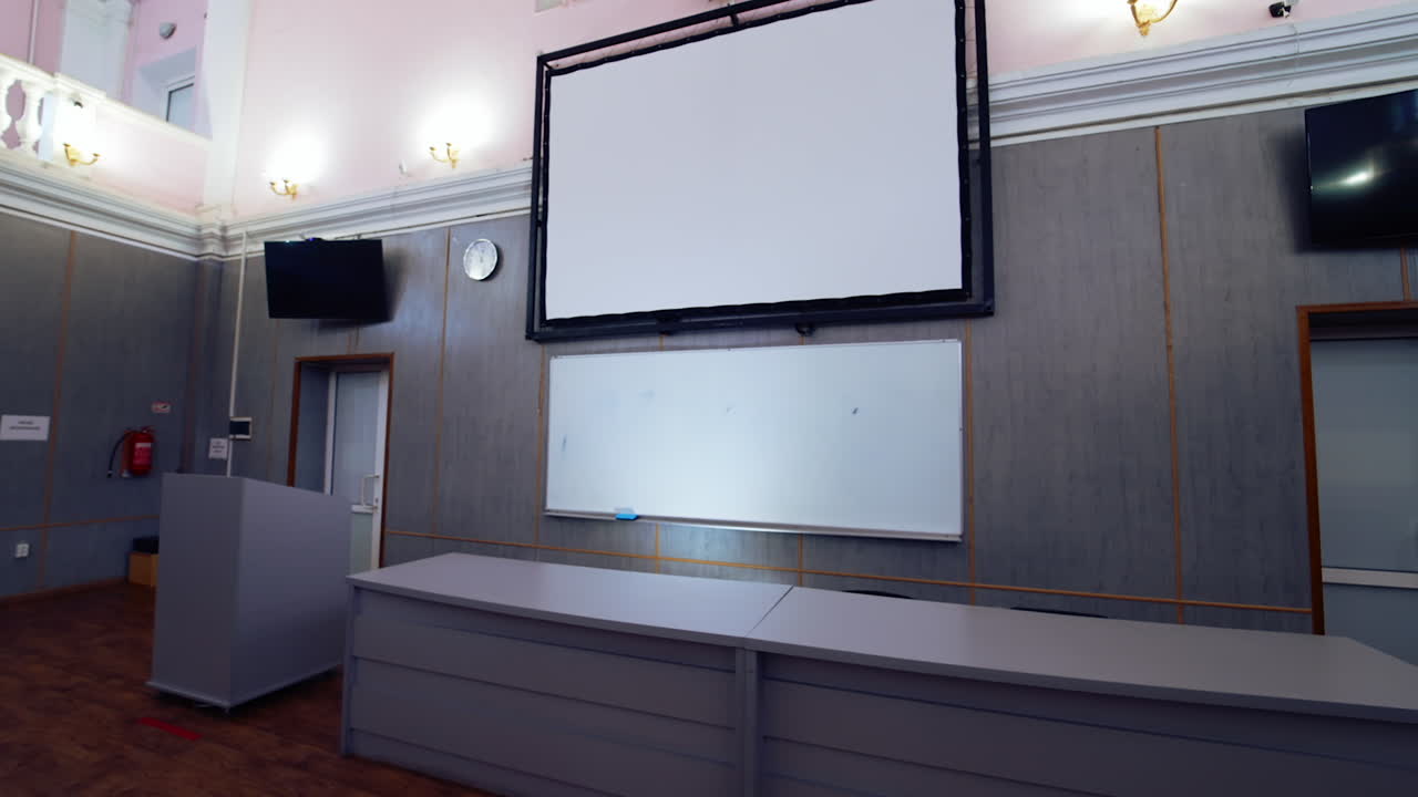 Empty education room with interactive board. School modern classes at university.