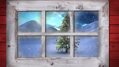 Wooden-window-frame-against-snow-falling-over-christmas-tree-on-winter-landscape