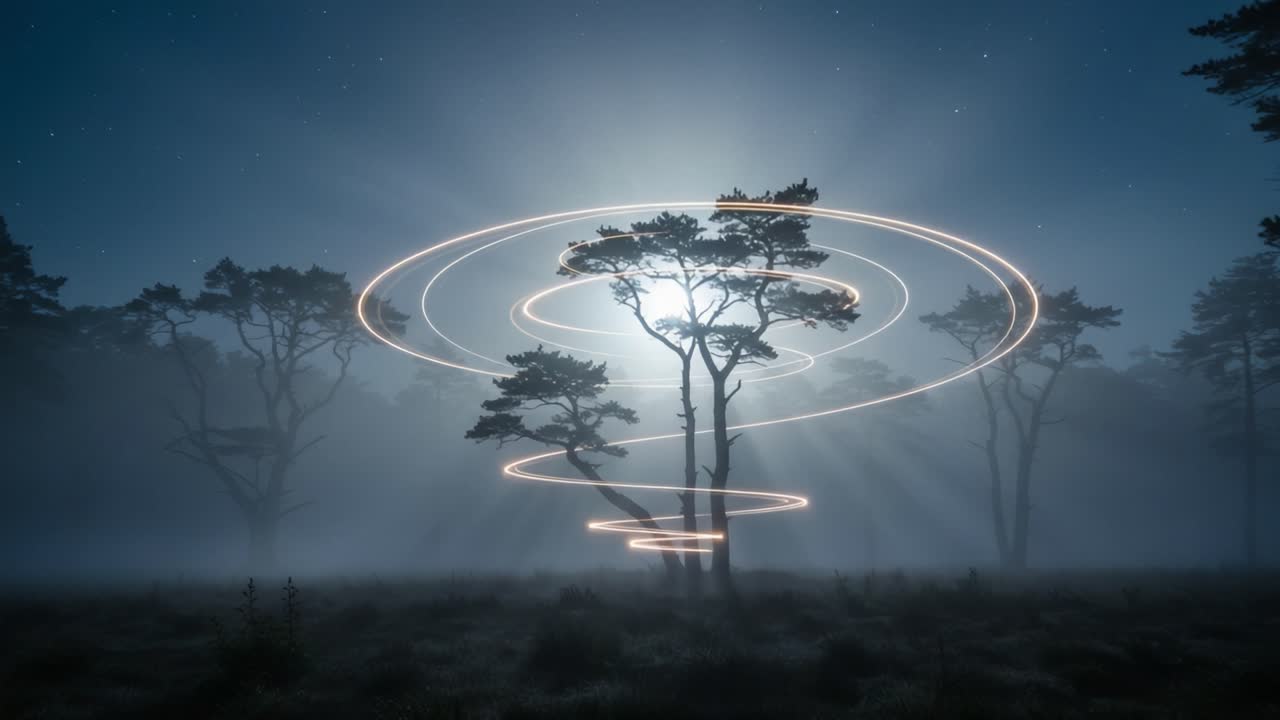 A Mesmerizing Nightscape: Ethereal Light Trails Dance Around Towering Trees Under a Mystical Moonlit Sky, Creating a Magical Atmosphere in a Foggy Forest