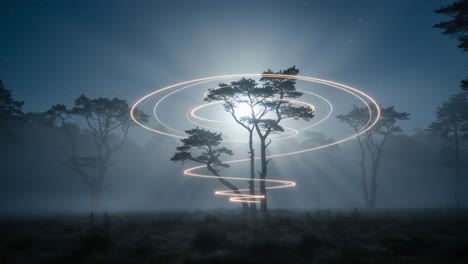 a mesmerizing nightscape: ethereal light trails dance around towering trees under a mystical moonlit sky, creating a magical atmosphere in a foggy forest