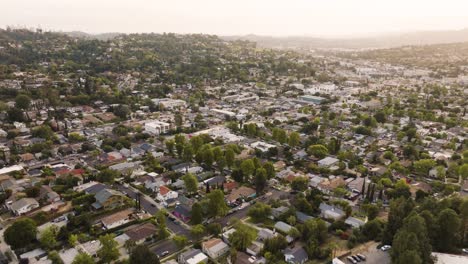 drone of suburban neighborhoods near pasadena and glendale in los angeles during sunset
