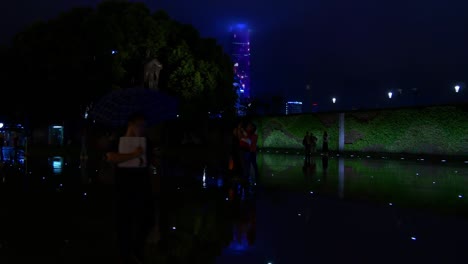 rainy night illuminated shanghai walking bay panorama 4k china