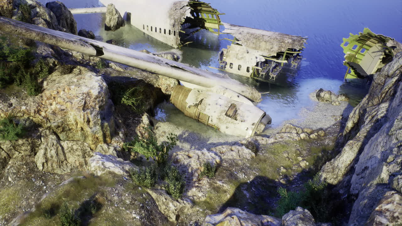 Ruins of a plane submerged in shallow waters near rocky coastline