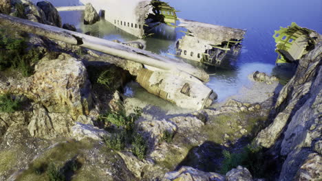 ruins of a plane submerged in shallow waters near rocky coastline