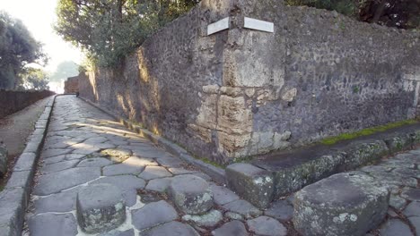 paved street in ancient pompeii, italy. road on the right called vicolo delle pareti rosse - panning shot