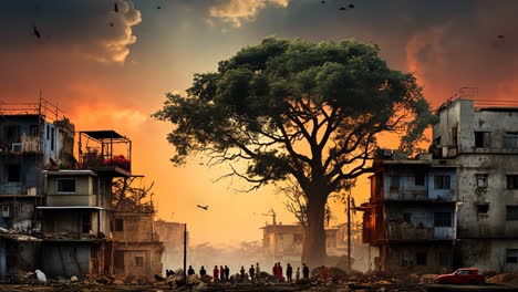 urban decay contrasts with nature's resilience at sunset