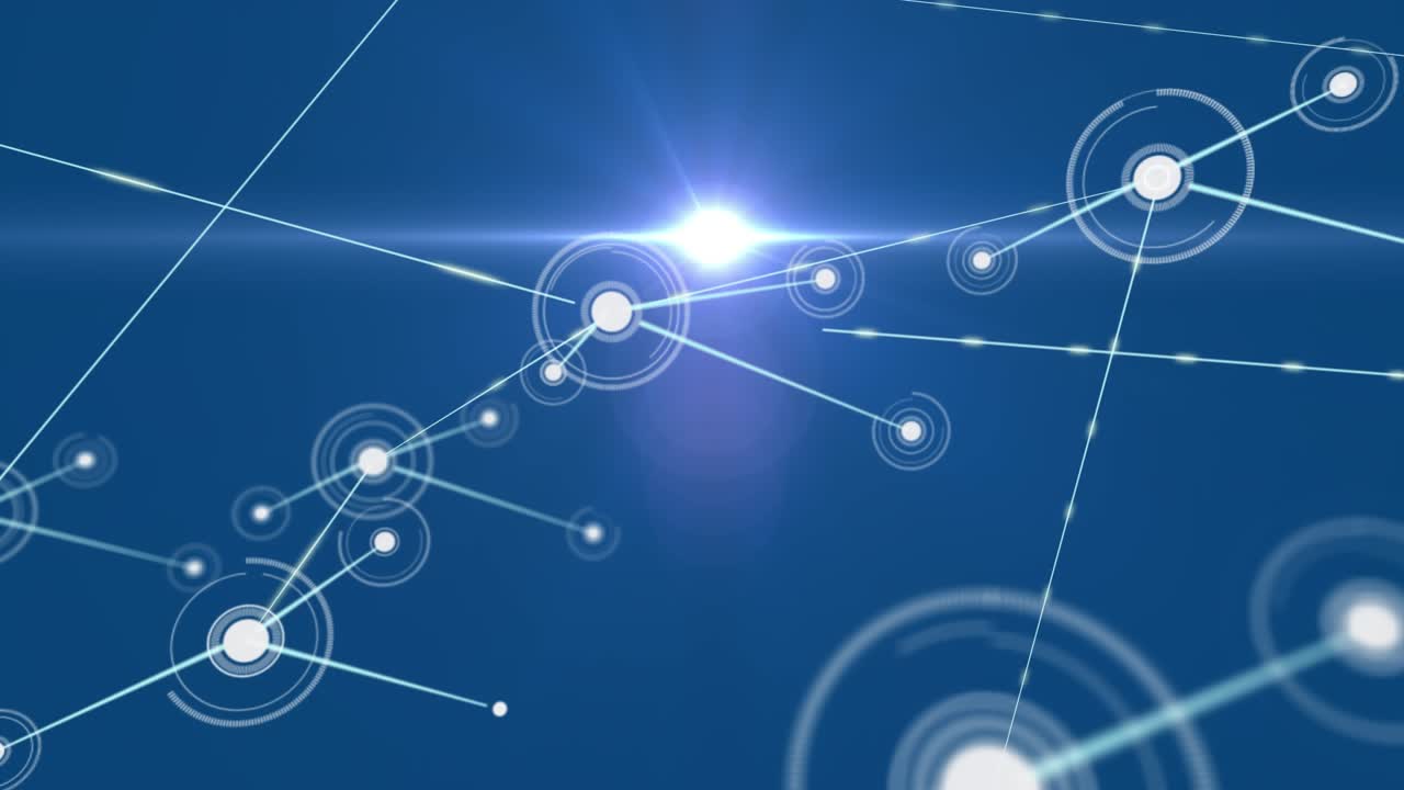 Animation of dots connected with lines over moving lens flares against blue background