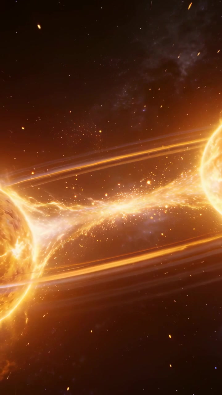 Video vertical: Cinta de plasma pulsante en el espacio respondiendo a esferas que entran, conectando bordes.