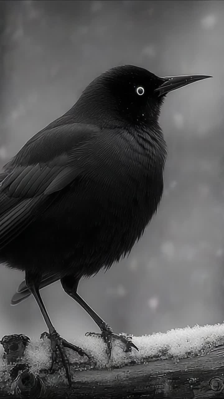 Un maestoso uccello nero appollaiato tra i fiocchi di neve, che mostra le sue caratteristiche accattivanti su uno sfondo morbido e sfocato in monocromia