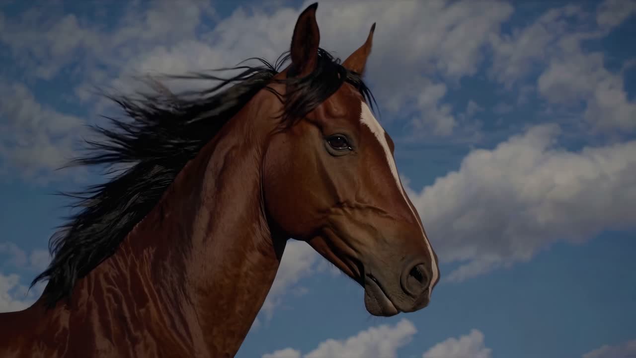 Perfil de Cavalo Castanho em Céu Ensolarado