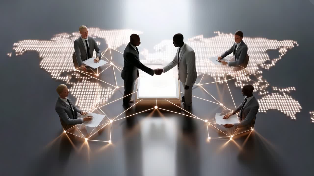 Business Collaboration and Global Connectivity: Two Professionals Engaging in a Handshake in a Digital Environment with a World Map Overlay
