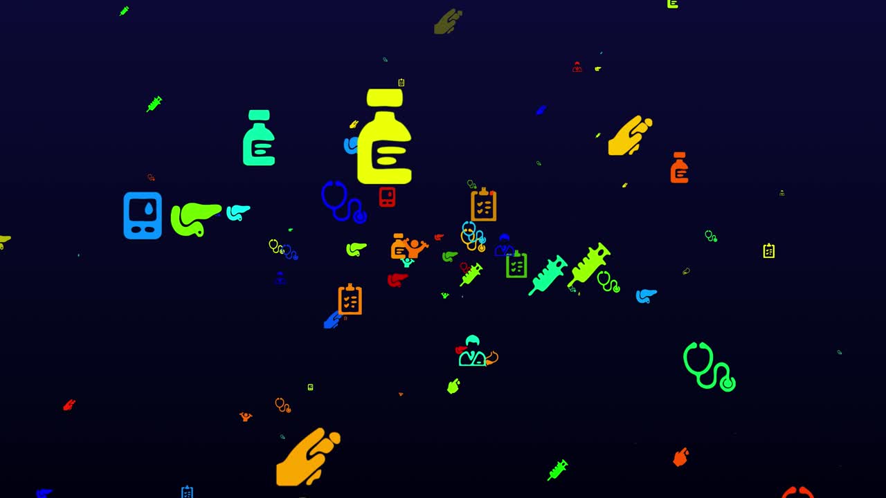 World Diabetes Day. neon icons background. seamless pattern. loop animation. small, multicolored icons, illustrations or logos appear, fly slowly on black backdrop