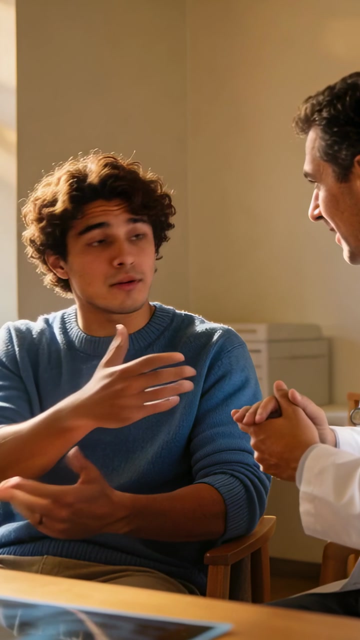Vertical video: Smiling man in blue-sweater sharing care in clinic after dr placing hand with steth