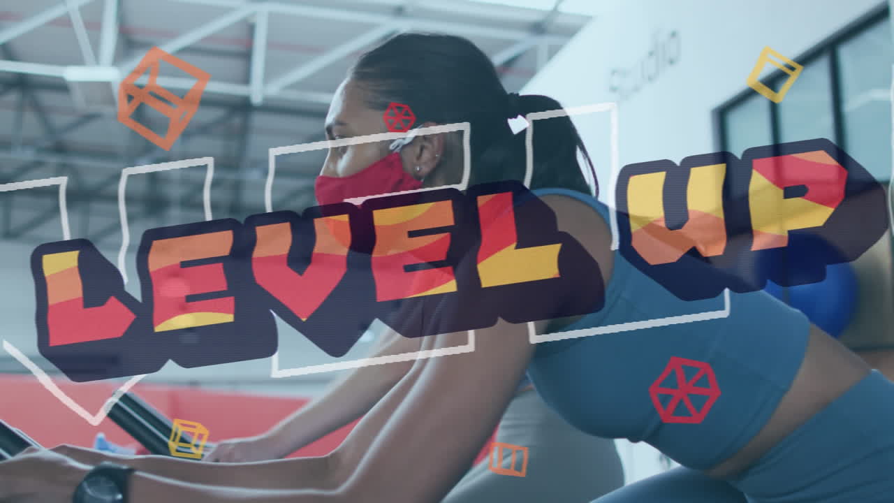 Animation of words level up over diverse group wearing face masks working out