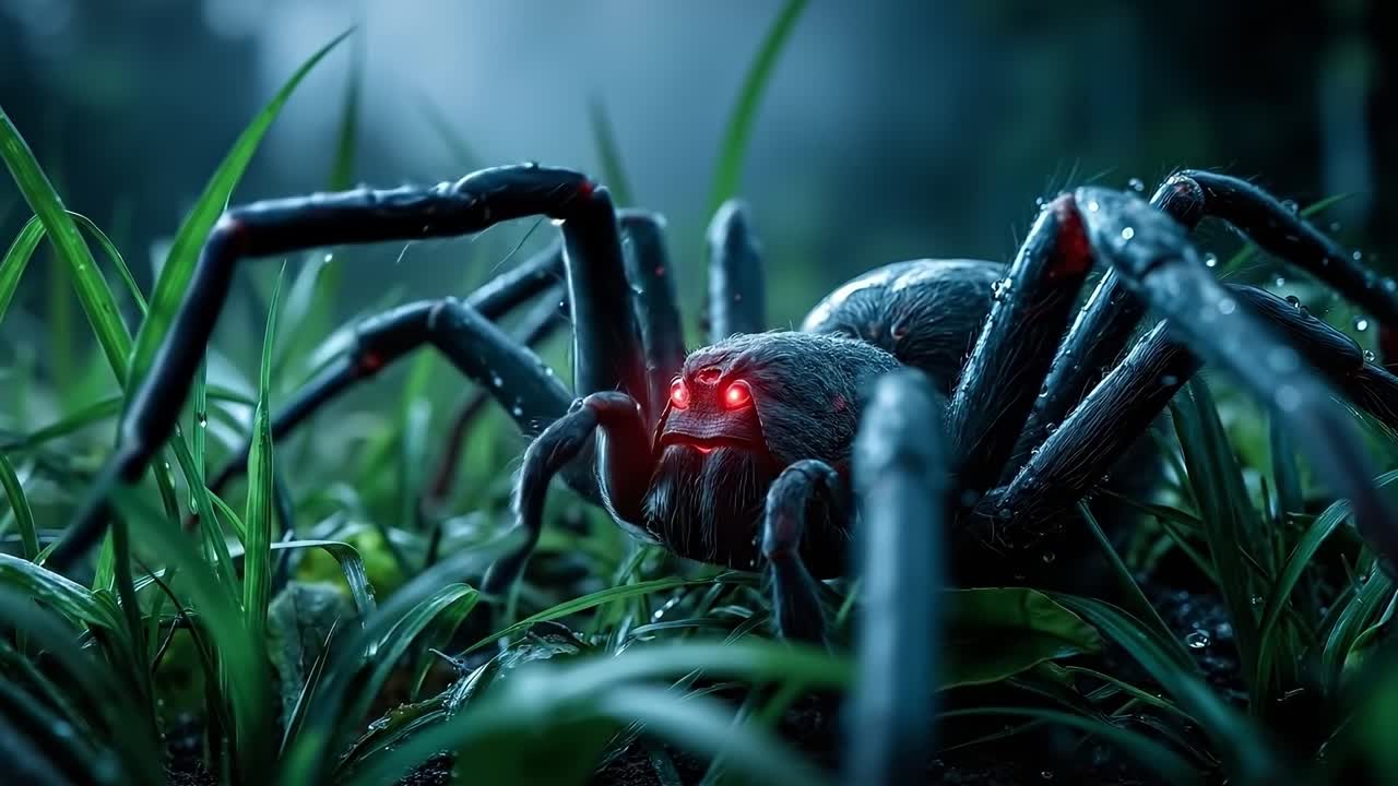 A large black spider with red eyes sitting in the grass