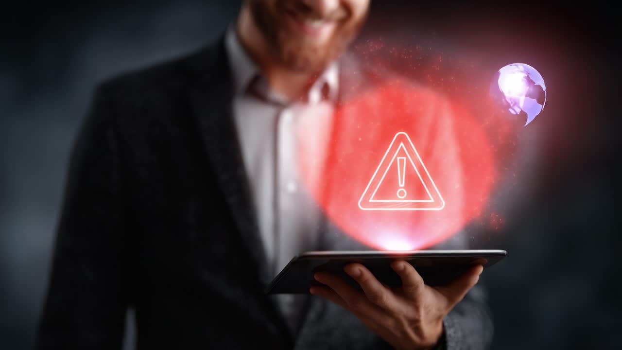 A Professional Managing Alerts on a Tablet with a Warning Icon and Global Elements, Representing Critical Information and Digital Communication