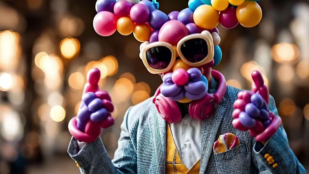 A man in a suit and sunglasses with balloons on his head