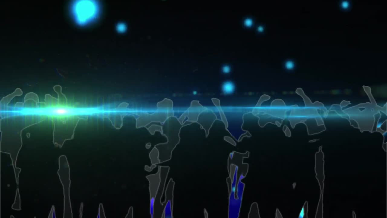 푸른 빛의 반점에 맞춰 춤을 추는 사람들의 실루 ⁇  위에 빛의 흔적의 디지털 애니메이션