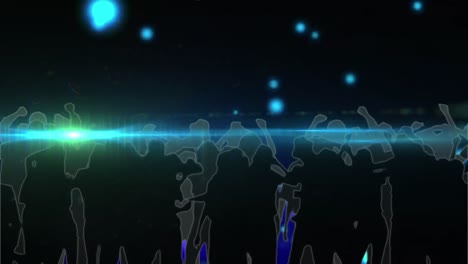 animación digital del rastro de luz sobre la silueta de personas bailando contra manchas azules de luz