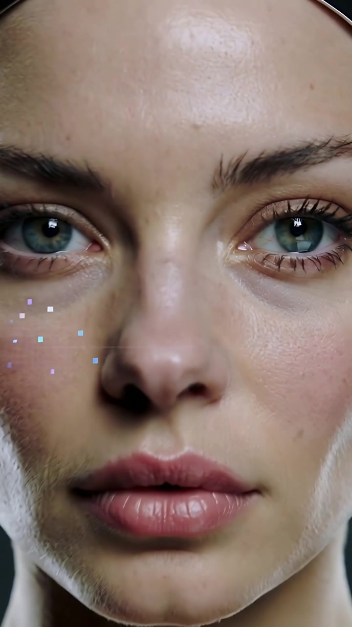 Vertical video: Pulling back lens showing model blinking in set with pastel squares to show makeup