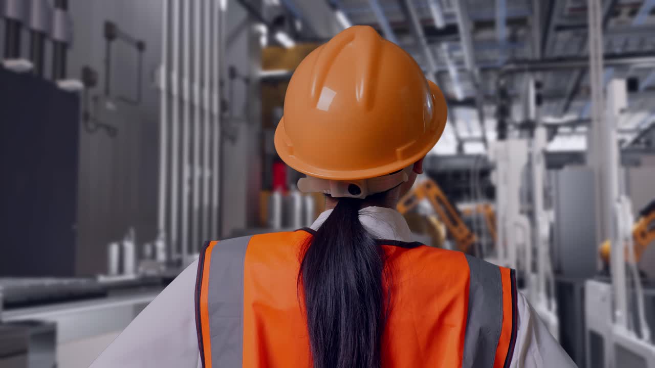 Primo piano posteriore di un'ingegnere donna con casco di protezione che si guarda intorno mentre è in piedi con le mani sui fianchi, linea di produzione di batterie automatizzata in una fabbrica moderna.