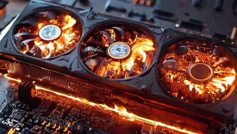 a close up of a computer motherboard with flames coming out of it