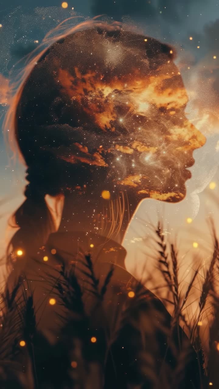 Double exposure of a woman's profile with a sunset sky and stars, captured from a side angle