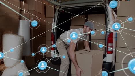 animation of network of connections over warehouse worker