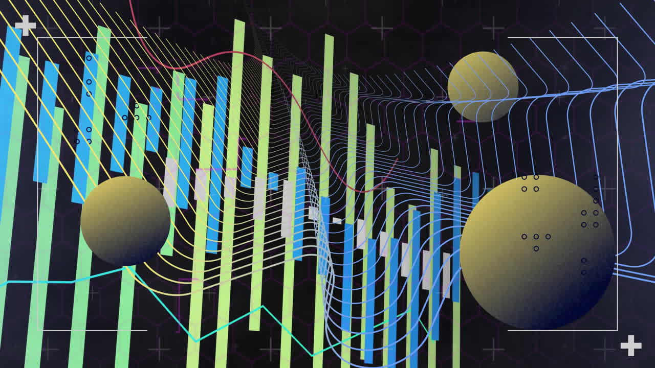 Creating animation, colorful bars and spheres with wavy lines in digital landscape