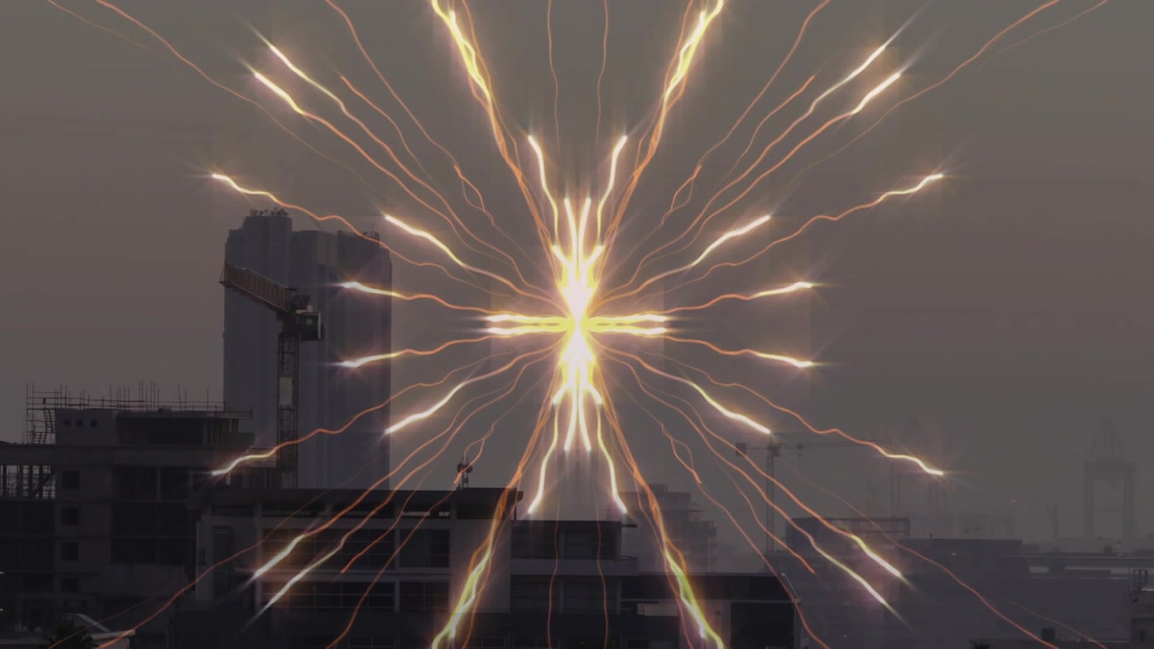 Central bright point appearing on rooftop, radiating lines, growing and pulsing to form light art